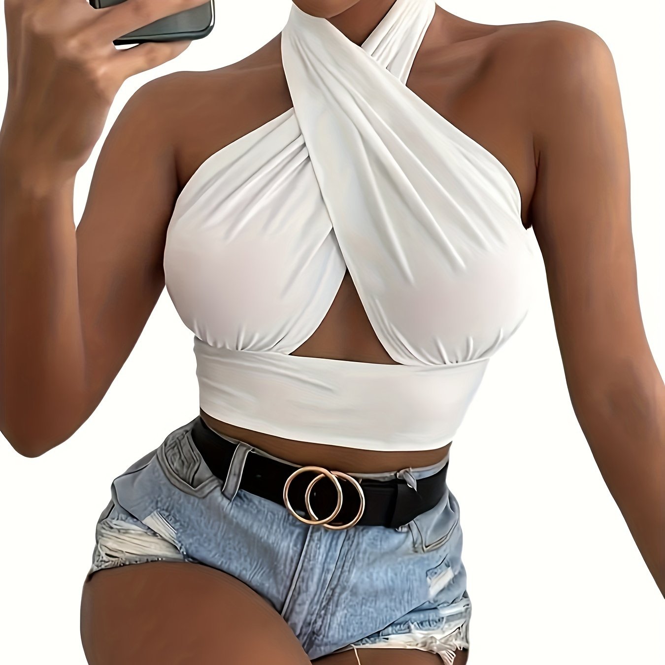 Stretchy Cut Out Cross Halter Top, Sexy Backless Crop Top