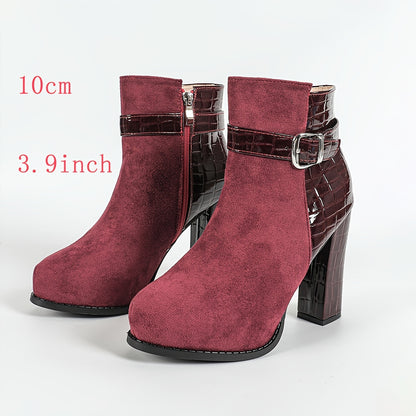 1pr Elegant Flannel Ankle Boots for Women - Solid Color Round Toe Zippered Comfort Boots with Block Heel, TPU Sole, and Flannel Lining for Winter - Motorcycle Style Short Boot with No Printing