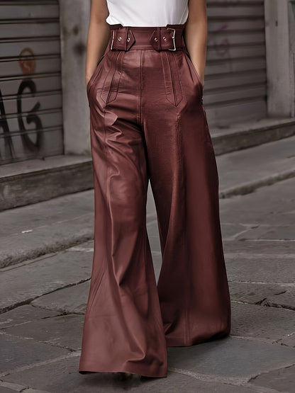 Women'S High Waisted Faux Leather Wide Leg Flared Pants - Casual Loose Fit With Pockets, Elasticized Waistband At Back, Woven Solid Color, Micro Fashion - Spring/Summer/Fall/Winter Collection