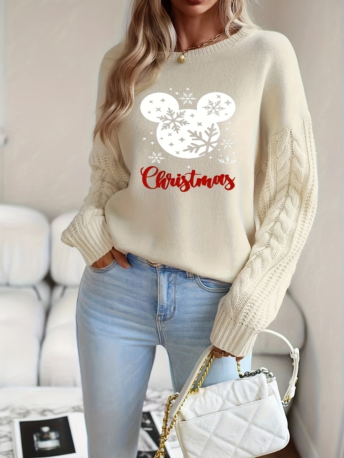 Women'S Christmas Mickey Mouse Sweater - Fashion Commute Style, Polyester Knit Fabric, Round Neck, Cable Knit Design, Loose Fit Long Sleeve Sweatshirt for Fall/Winter Season