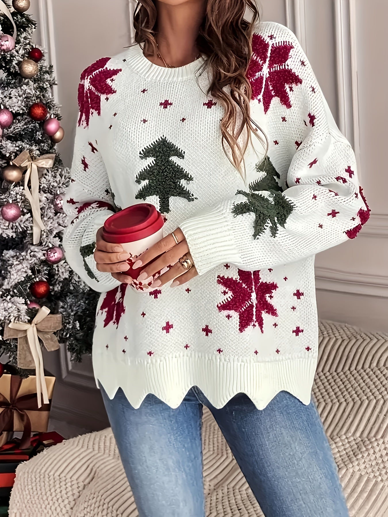 Suéter de manga larga con estampado de árbol de Navidad para otoño e invierno, ropa informal con ribete festoneado para mujer