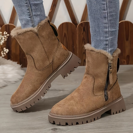 Women's Fashion Ankle Boots - Cozy Plush Lined Winter Platform Shoes with Side Zipper, Solid Color Fabric Upper & TPR Sole - LuxyXO