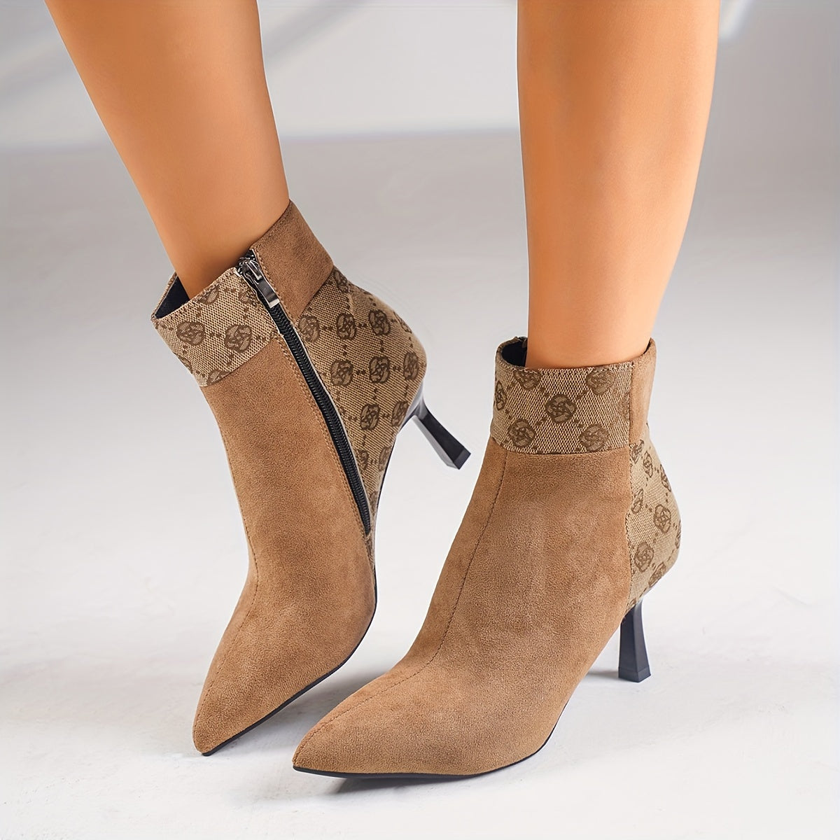 Botas de tacón de aguja con diseño de patchwork elegantes para mujer: cremallera lateral, diseño sin cordones, punta puntiaguda, listas para banquetes, tacón elegante, ajuste cómodo