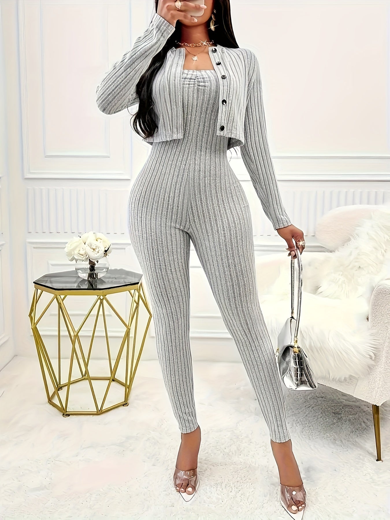 Crop Cardigan & Skinny Strapless Jumpsuit - Two-Piece Ribbed Outfit Set