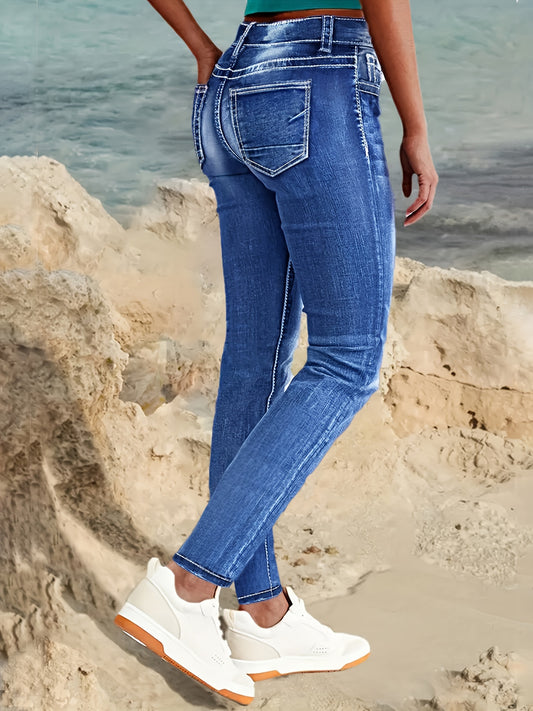 Woman wearing plus size vintage high waist stretchy denim jeans with button fly and five pockets in a solid washed pattern by the beach.