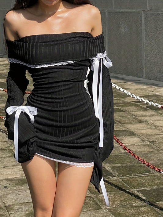 E-girl Gothic Kawaii Bow Mini Dress Korean Sweet Girl Lace Trim A-line Dress Fairycore Grunge 00s Retro Y2K Coquette Streetwear