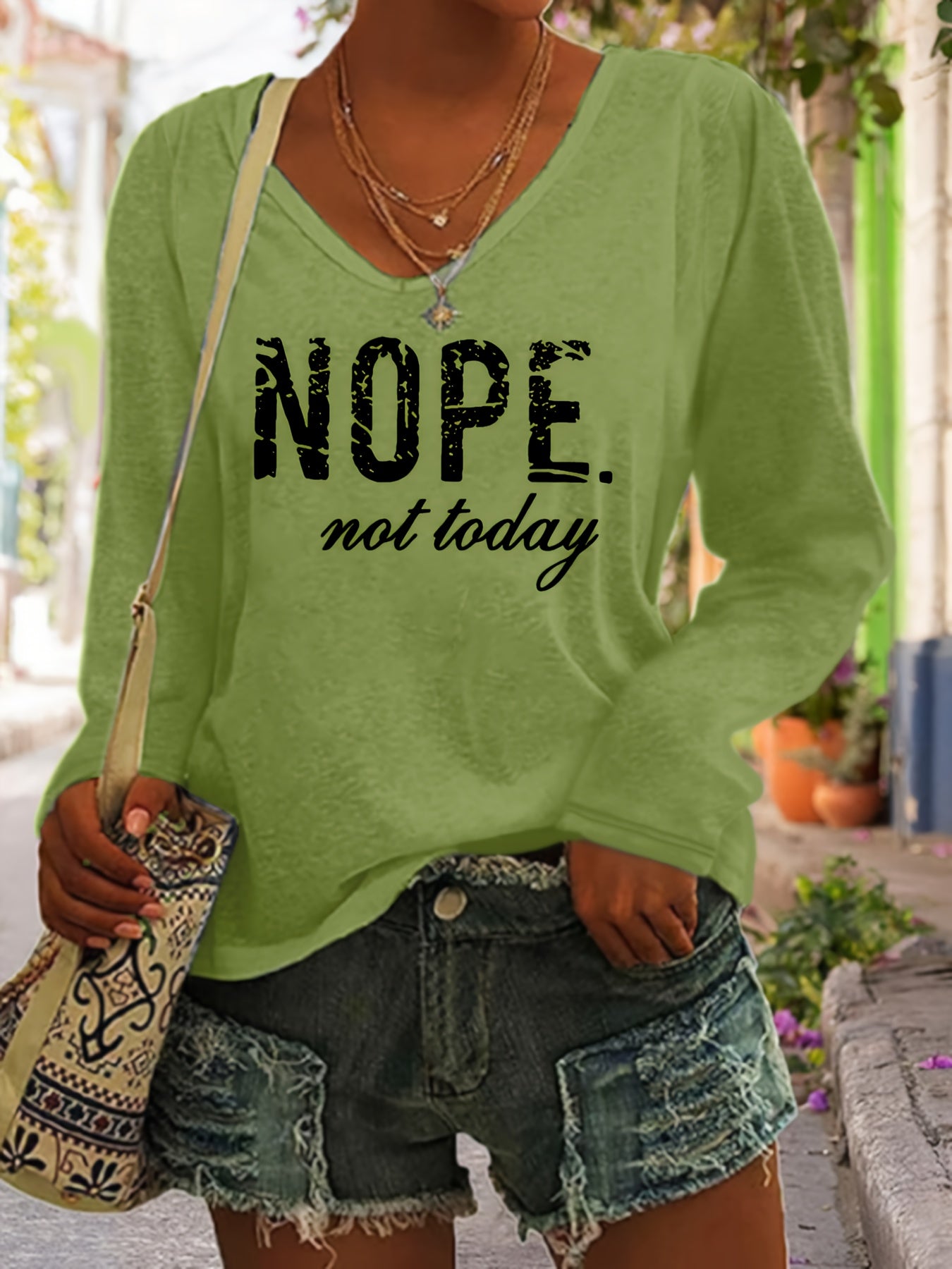 Plus Size Nope Print V Neck T-Shirt - Plus Size T-shirts for Women, Casual Long Sleeve Top with Relaxed Fit for Spring and Fall Seasons