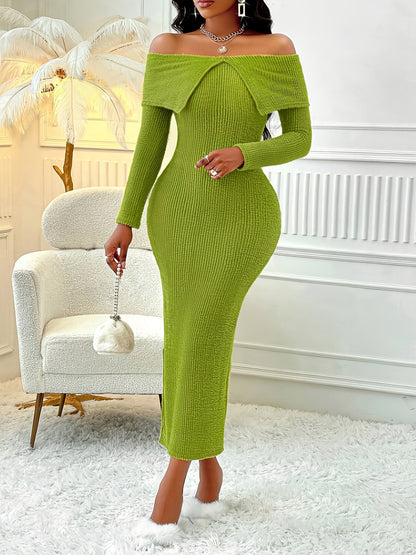 1pc Elegant Off-Shoulder Knit Bodycon Dress for Women, Solid Color Polyester, Fashionable One-Shoulder Design, Perfect for Fall/Winter Season