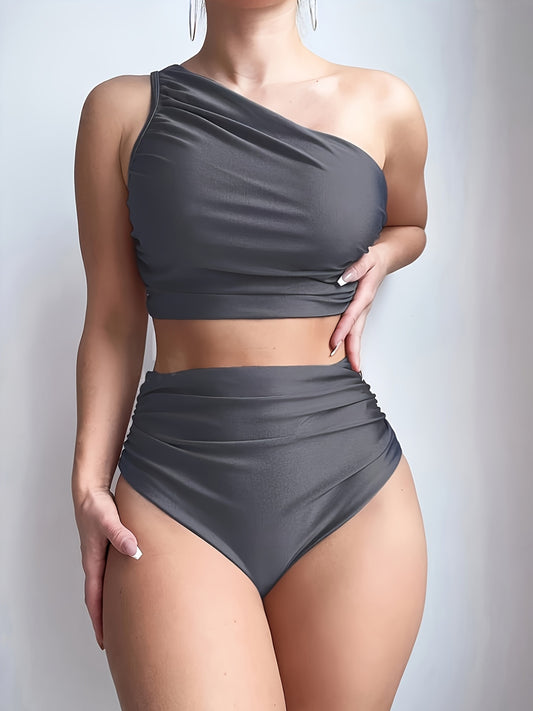 Women'S Sexy One-Shoulder Black Bikini Set - High Stretch Polyamide & Elastane, Solid Color Swimsuit with Frill Detail, Sleeveless, Swimwear Essentials | One Shoulder Bikini | Stretchy Fabric