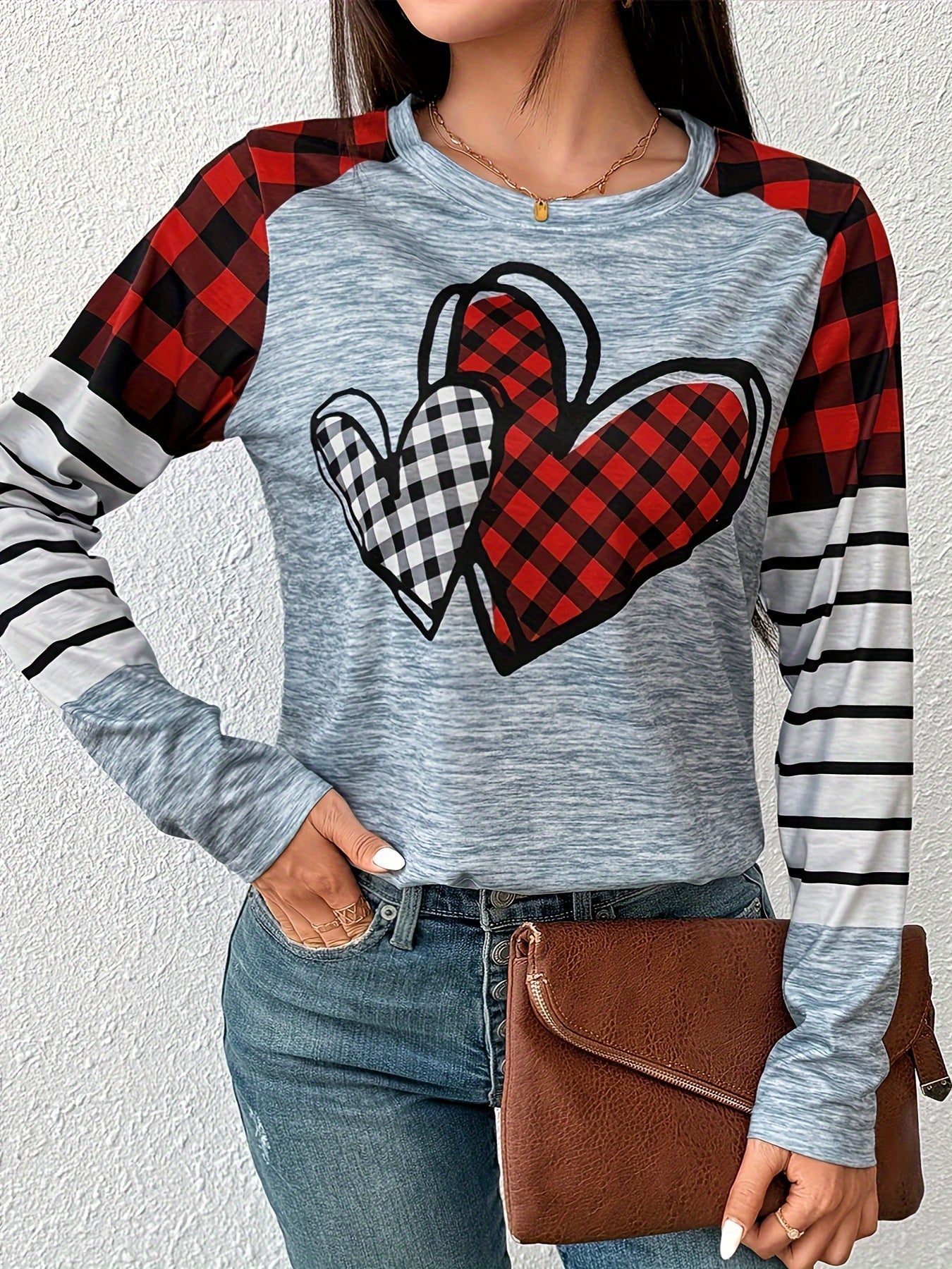 Plaid & Heart Print T-shirt, Casual Long Sleeve Crew Neck Top