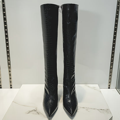 Knee-High Boots - Sexy Glossy Croc-Embossed Stiletto Heels