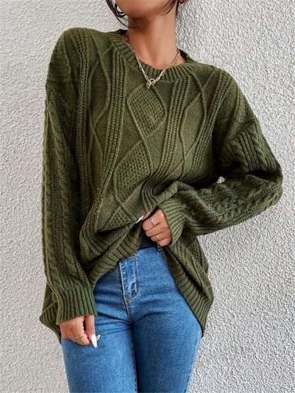 Cozy Cable Knit Drop Shoulder Sweater - Women's Elegant Long Sleeve Clothing for Fall & Winter - Soft, Warm, and Chic Knitwear for Everyday Wear