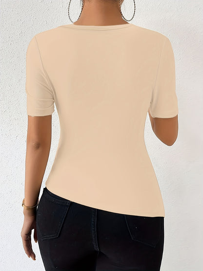 Womens Solid Color Asymmetrical T-Shirt with Ruched Neckline - Chic, Slim-Fitting & Trendy Short Sleeve Top for a Flattering Look