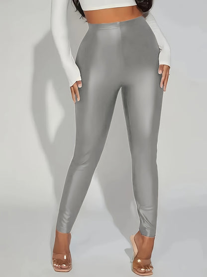 Plus Size Chic Faux Leather Leggings - Sleek, Stretchy & Comfortable, Solid Color Skinny Pants Casual Wear Leggings