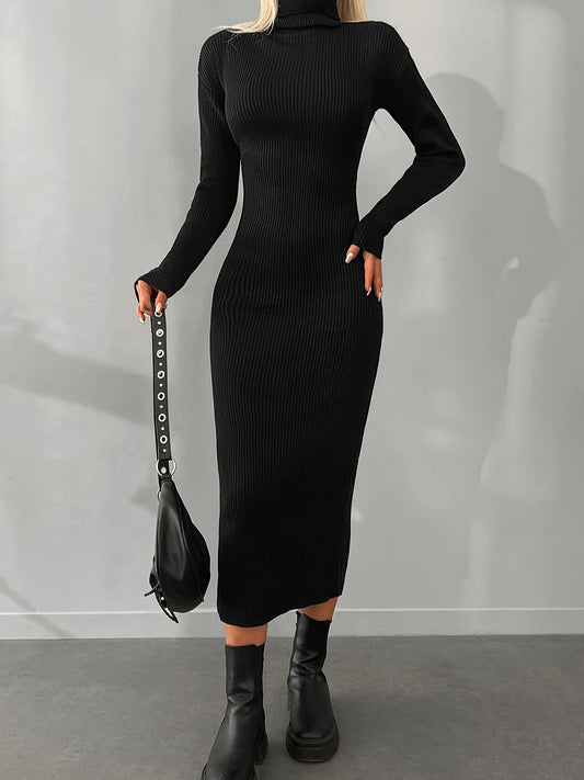 Turtle Neck Chic Slim Fit Knitted Sweater Dress - Elegant Long Sleeve Midi Dress for Fall & Winter - Soft, Cozy, and Warm Women's Clothing for Everyday Wear