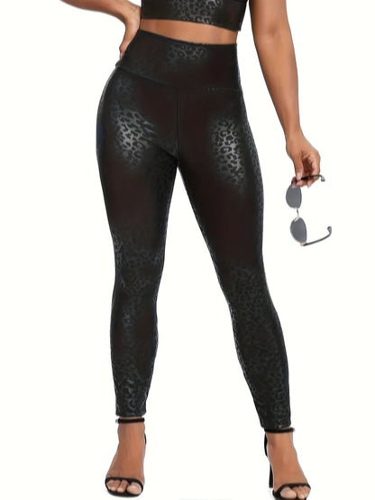 Women's High-Waist Leopard Print Fleece-Lined Leggings - Stretchy, Slimming Faux Leather