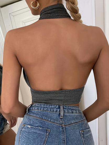 Stretchy Cut Out Cross Halter Top, Sexy Backless Crop Top