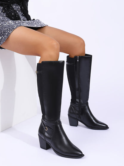 1pr Elegant Solid Color Knee-High Boots for Women, Pointed Toe Block Heel, Side Zipper Closure, Comfortable Fabric Lined, Rubber Sole, All-Season Dress Boots