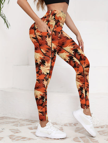 Women's High Waist Yoga Leggings With Pockets, Maple Leaf Print Workout Pants - All Season Fitness Tights