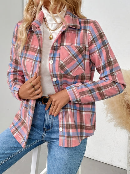 Women's Casual Plaid Long Sleeve Shirt with Fleece Lining and Pockets, Lapel Collar, Button Details, Woven Fall/Winter Jacket