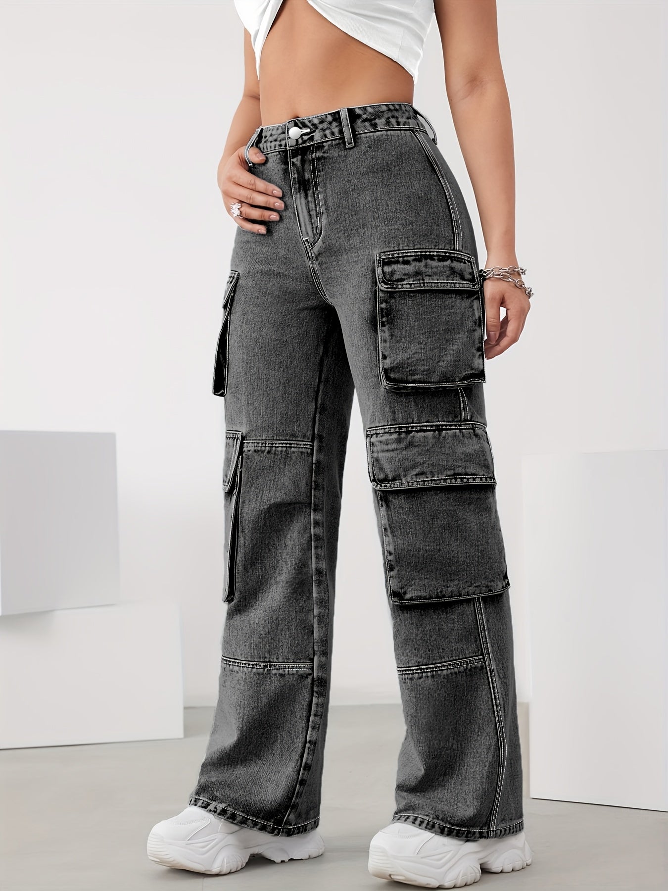 Women'S High-Waisted Cargo Jeans, Oversized Multi-Pocket Denim, Stretchy Rayon/Viscose Blend