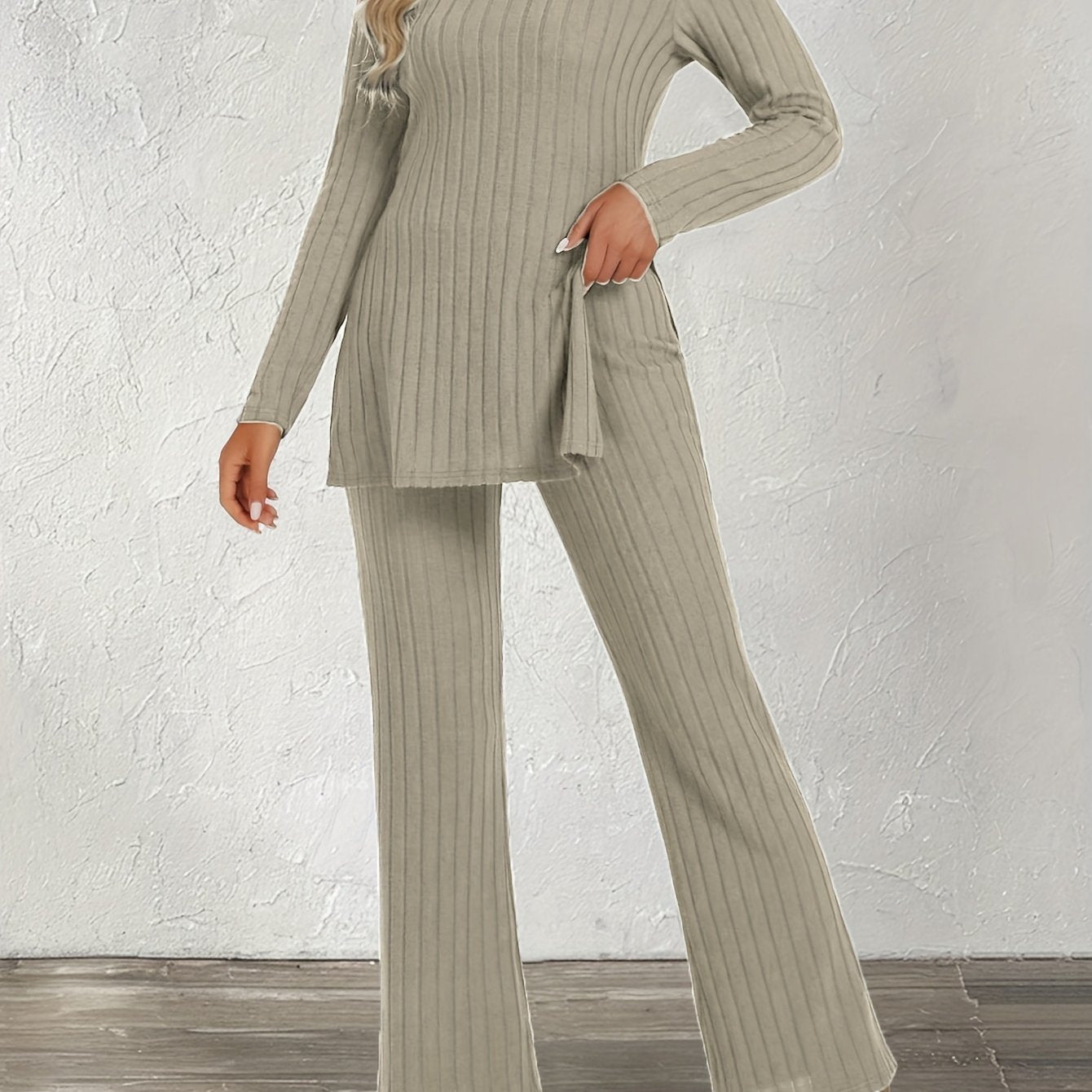 Trendy Two-Piece Ribbed Pantsuit Set - Long Sleeve Crew Neck Split Top & Strait Pants Outfit