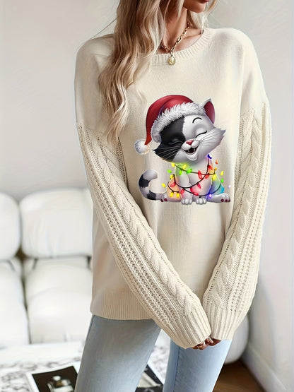 Women's Christmas Cat Print Sweater, Solid Color Cable Knit Pullover, Fashionable Commuter Style, Round Neck, Polyester, Autumn/Winter Season, Knitted Fabric