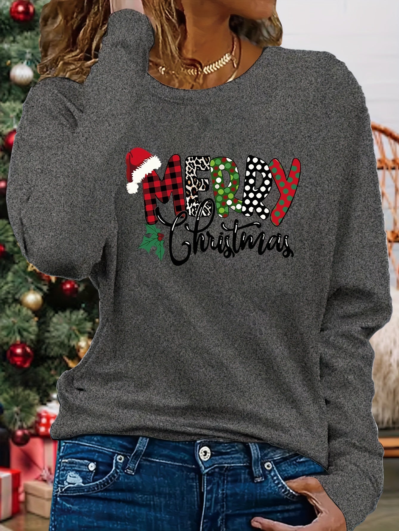 Women's Christmas Applique Long Sleeve T-Shirt - 100% Polyester Knit Fabric, Casual Crew Neck, Medium Stretch, Regular Fit, Fall Season Sweater