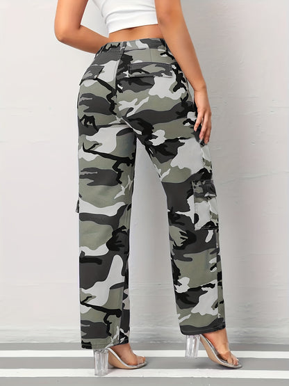 Plus size camo print streetwear loose fit cargo jeans for women with side flap pockets, shown from the back.