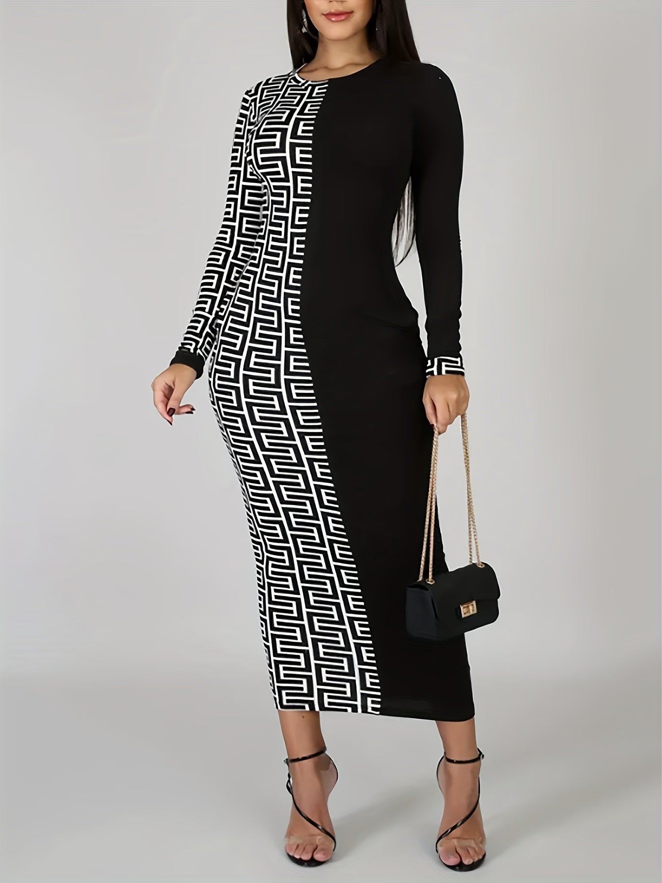 Stunning Plus Size Retro Colorblock Geometric Print Dress - Plus Size Dresses - Long Sleeve, Round Neck, Bodycon, Midi, Women's Fashionable Party Wear with Vibrant Colors and Unique Pattern