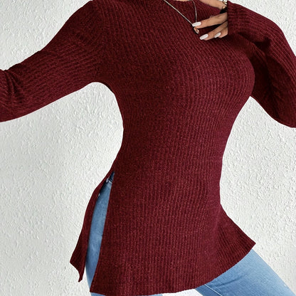 Camiseta de cuello redondo con abertura y canalé, elegante top ajustado de manga larga para primavera y otoño, ropa de mujer