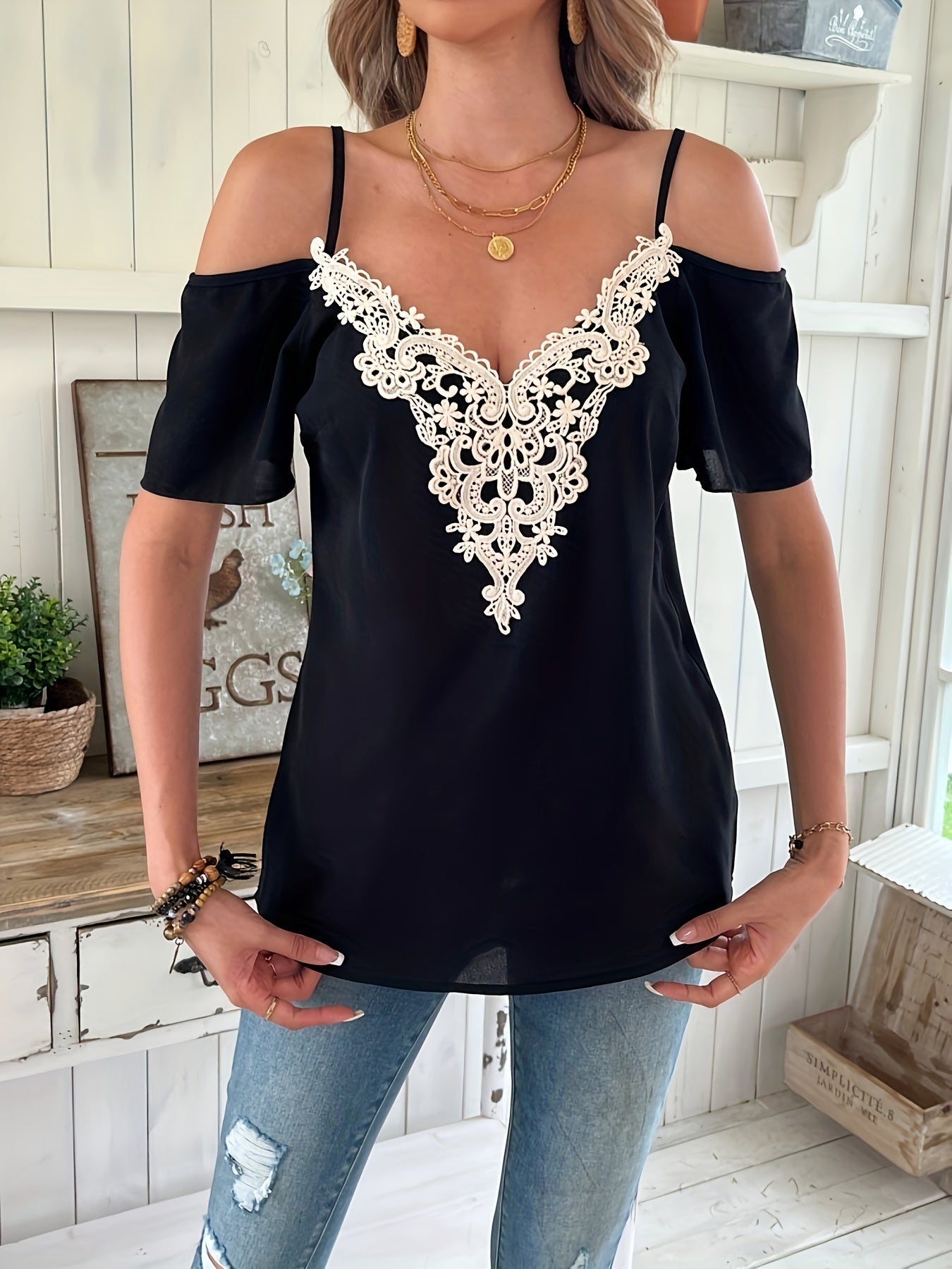 Lace Splicing V-neck Cami Blouse - Delicate Ruffled Bell Sleeve, Trendy Cold Shoulder, Flattering V-neckline, Intricate Lace Splicing - Perfect for Spring and Summer Occasions, Designed Specifically for Womens Fashion