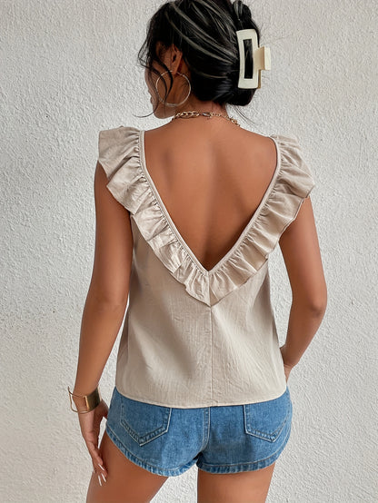 Solid Ruffle Trim Crew Neck Blouse, Elegant Sleeveless Blouse For Spring & Summer, Women's Clothing