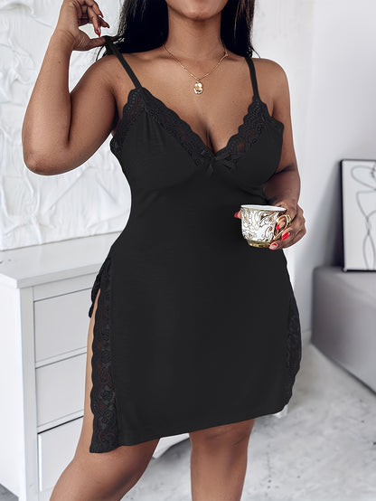 Plus Size Sexy Sleep Dress, Women's Bow Contrast Lace V Neck Side Split Cami Home Dress