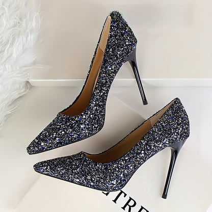 Sparkling Glamour Stilettos: elegantes zapatos de fiesta de tacón alto con punta puntiaguda, deslumbrantes detalles de lentejuelas, cómodas plantillas y resistente contrafuerte para mujer