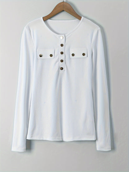 Chic Spring/Summer Women's Knit Sweater - Casual Solid Color with Button Detail, Long Sleeve, Round Neck, Machine Washable