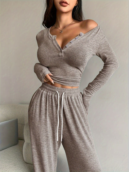 Women's Casual V-Neck Knit Pantsuit Set - Polyester Blend Long Sleeve Button-Top with Drawstring Pocket Pants, Solid Color Two-Piece Outfit for Fall/Winter