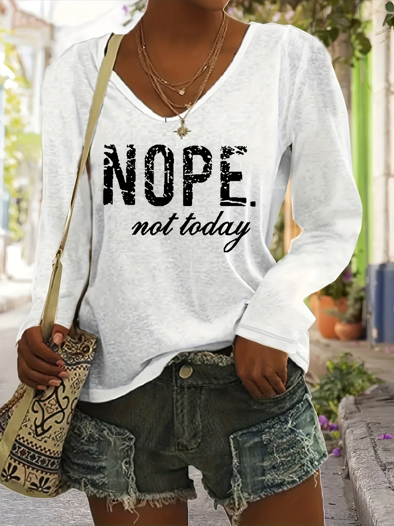 Plus Size Nope Print V Neck T-Shirt - Plus Size T-shirts for Women, Casual Long Sleeve Top with Relaxed Fit for Spring and Fall Seasons