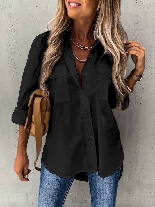 Camisa de mujer con cuello de solapa y manga larga, tejido de poliéster microelástico suave, semitransparente, detalle de bolsillo, ropa informal para todas las estaciones para la oficina y la vida diaria