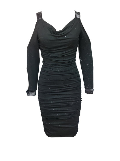 Plus Size Stunning Ruched Bodycon Dress - Flattering Cowl Neck, Cutout, Long Sleeve, Casual Style - Women's Fashionable Plus Size Clothing for Everyday Wear