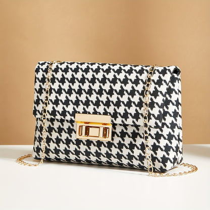 Houndstooth Glam - Elegante bolso bandolera con cadena y cierre de seguridad