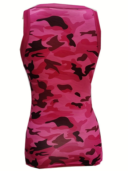 Vibrant Camo Print Tank Top - Crew Neck, Medium Stretch Cotton Blend, Regular Length, Machine Washable, Sexy Summer Essential for Women - Spring/Summer Fashion Must-Have