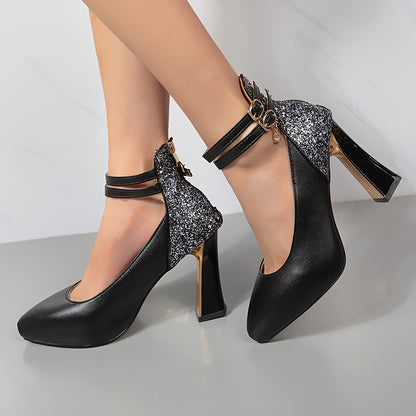 Women's Sequins Block High Heels, Platform Pointed Toe Ankle Strap Back Zipper Pumps, Fashion All-Match Dress Shoes