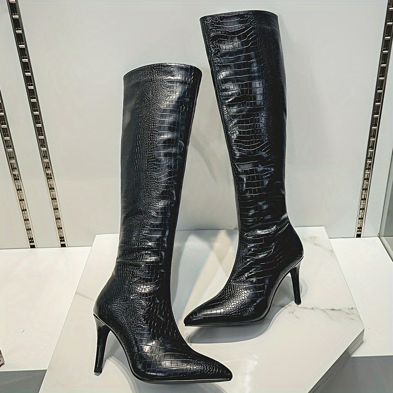 Knee-High Boots - Sexy Glossy Croc-Embossed Stiletto Heels