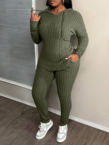 Conjunto de moda de talla grande para mujer, tejido de punto 100 % poliéster con elasticidad media, sudadera con capucha de color sólido y pantalones con detalle de cordón