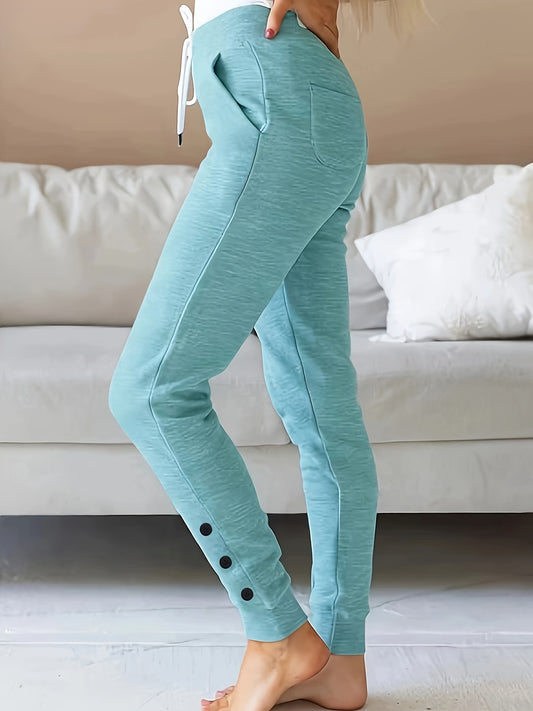 Pantalones deportivos ajustados de talla grande para mujer: estilo casual cómodo con cintura ajustable y botones llamativos: elasticidad media flexible para un ajuste moderno