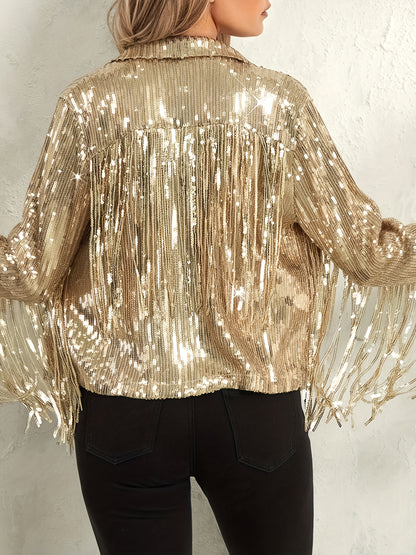 Women's Plus Size Sequin Party Jackets Trendy Sparkly Long Sleeve Open Front Tassel Jackets Clubwear