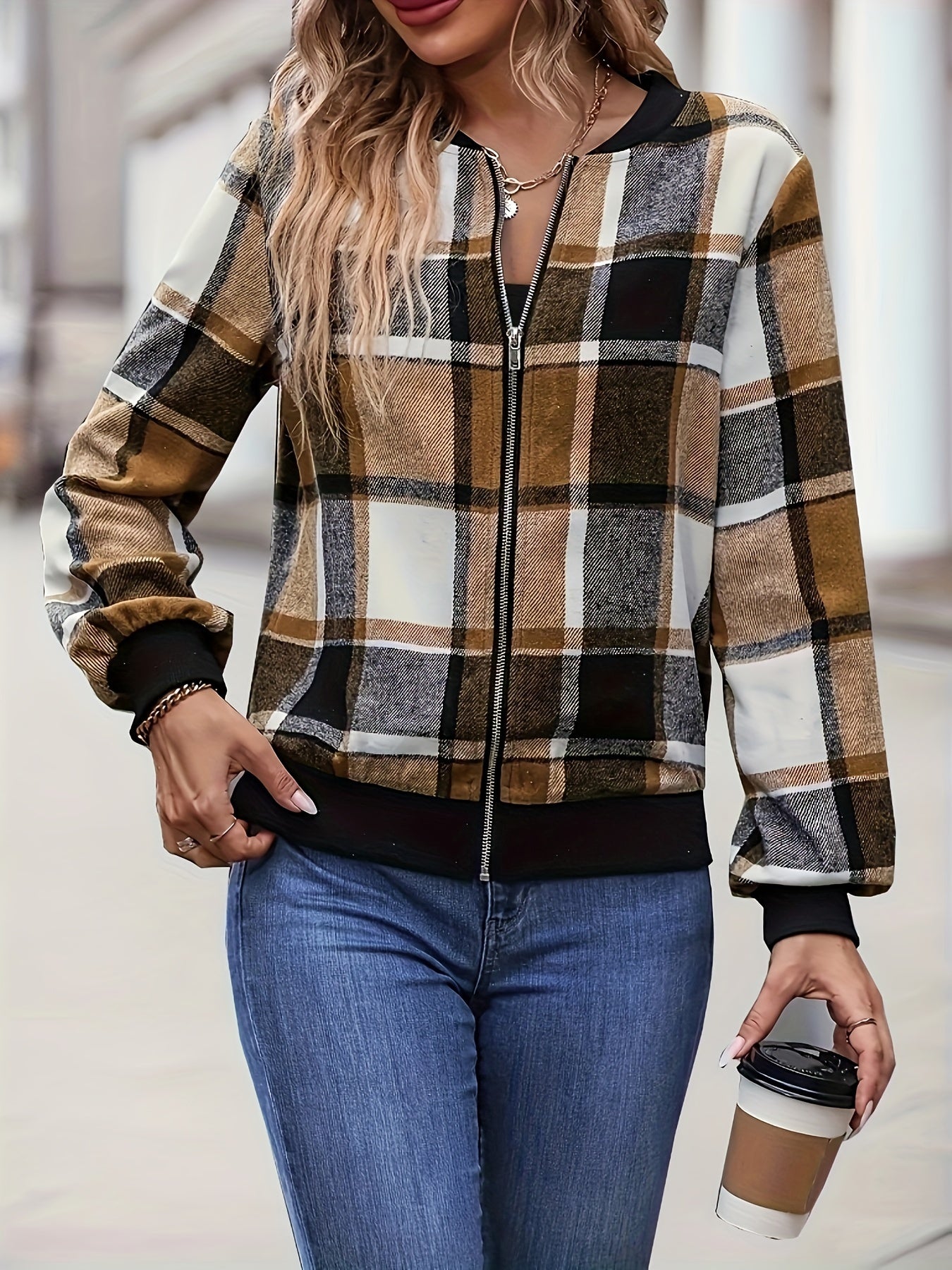 Plus Size Womens Plaid Bomber Jacket - Stylish Casual Wear with Smooth Zipper Closure and Flattering Slim Fit - Fashionable Plaid Pattern, Comfortable Long Sleeves for Everyday Chic