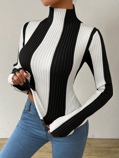 Rib Knit Color Block Mock Neck Sweater, Elegant Long Sleeve Sweater For Fall & Winter