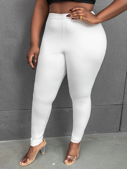 Plus Size Basic Leggings, Solid Elastic High Rise High Stretch